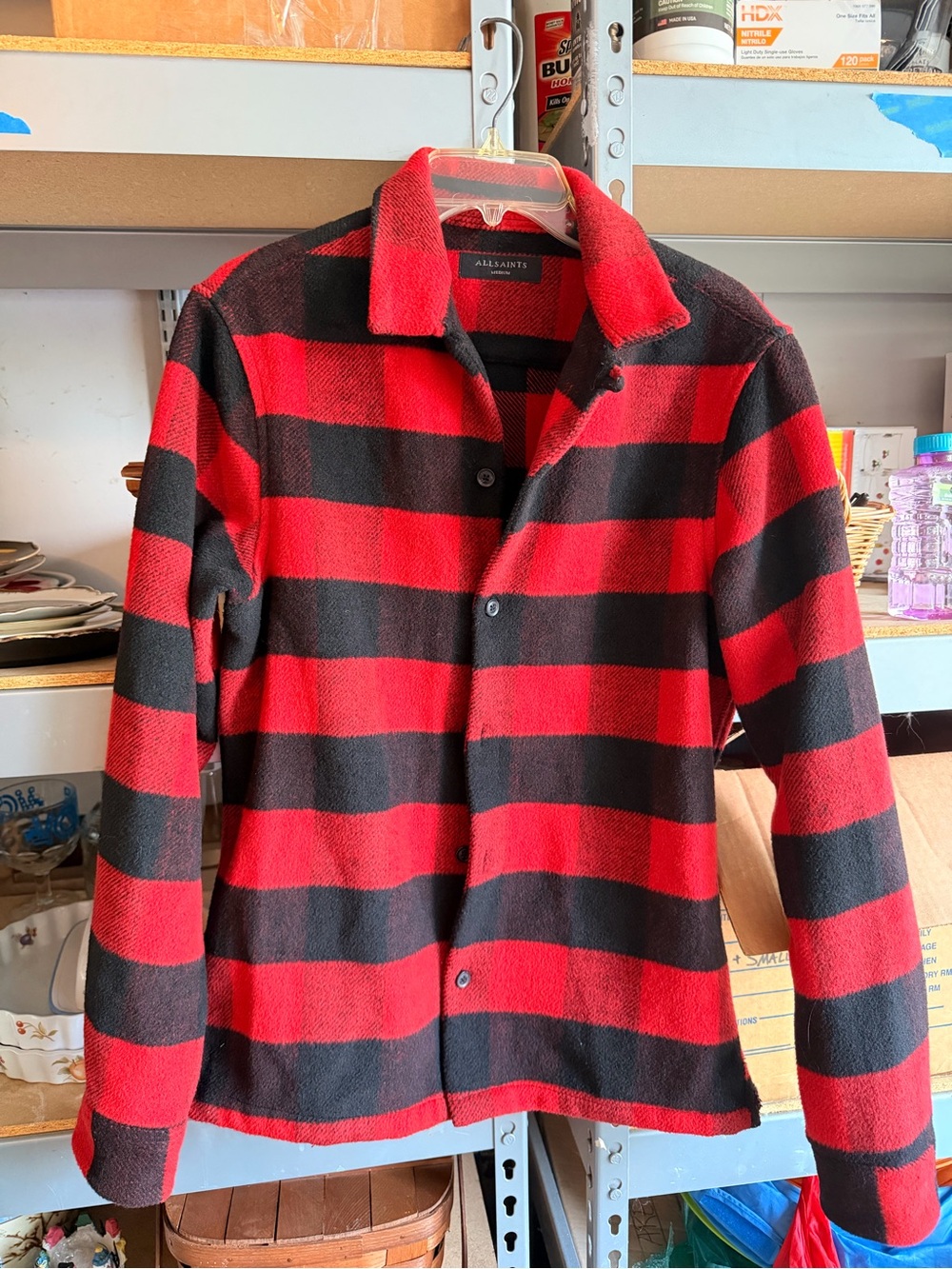 All Saints Red and Black Striped Casual Button-Down Shirt